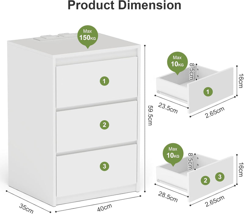 Bedside Table Nightstand with 3 Drawers and Power
