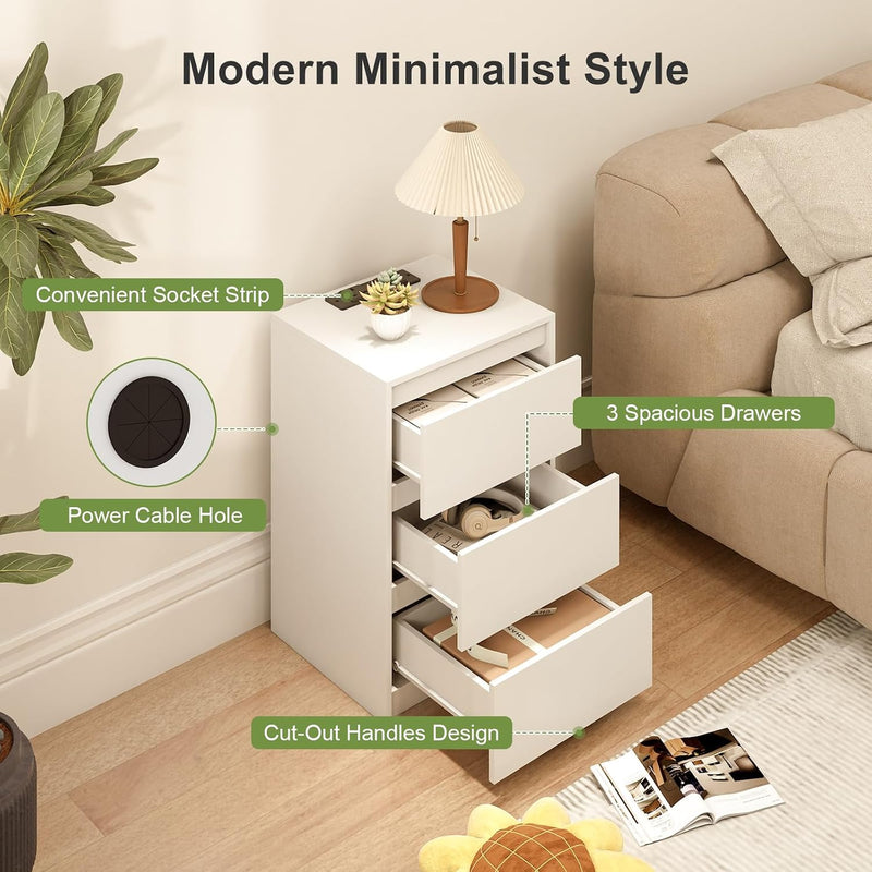 Bedside Table Nightstand with 3 Drawers and Power