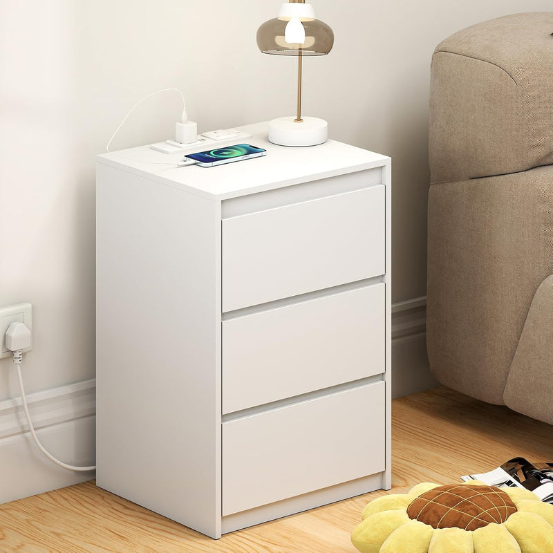 Bedside Table Nightstand with 3 Drawers and Power