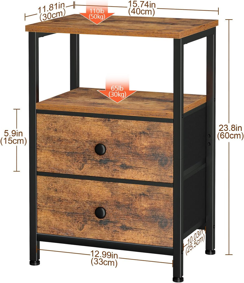 Bedside Table Side Tables with 2 Fabric Drawers (Set of 2)