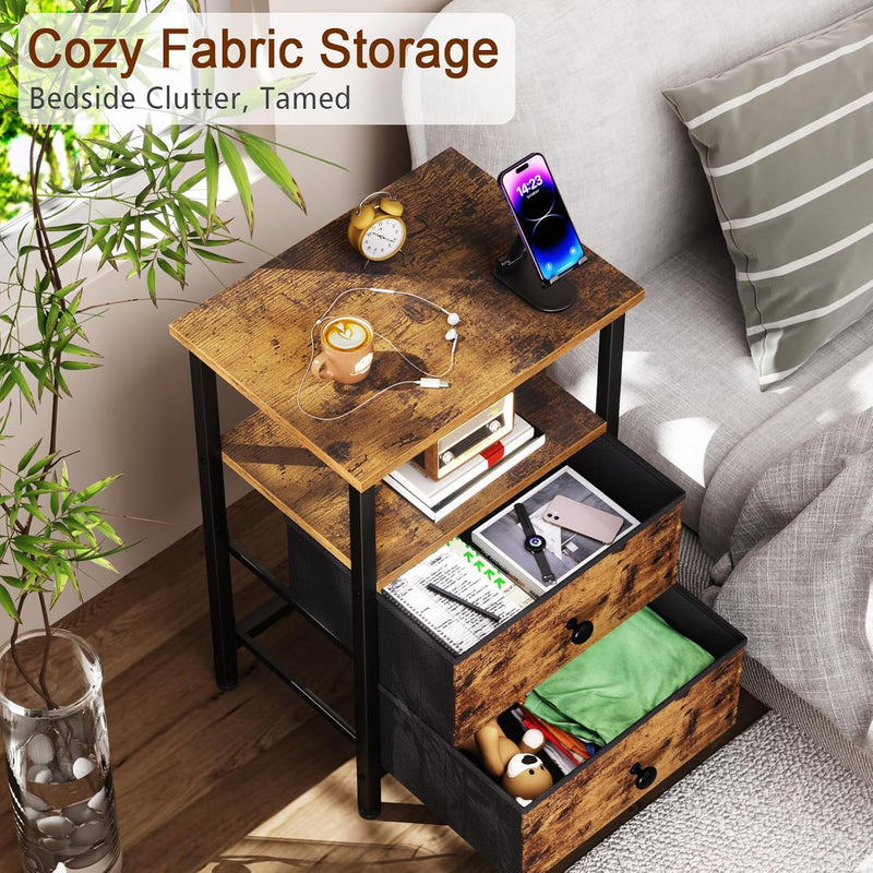 Bedside Table Side Tables with 2 Fabric Drawers (Set of 2)