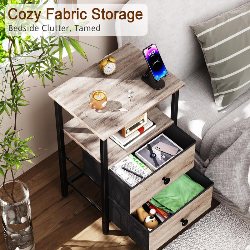 Bedside Table Side Tables with 2 Fabric Drawers (Set of 2)
