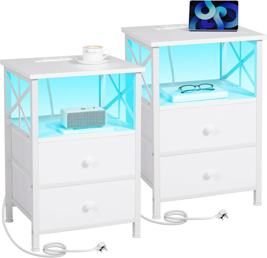 Bedside Table Side with Charging Station and LED (Set of 2)