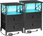 Bedside Table Side with Charging Station and LED (Set of 2)
