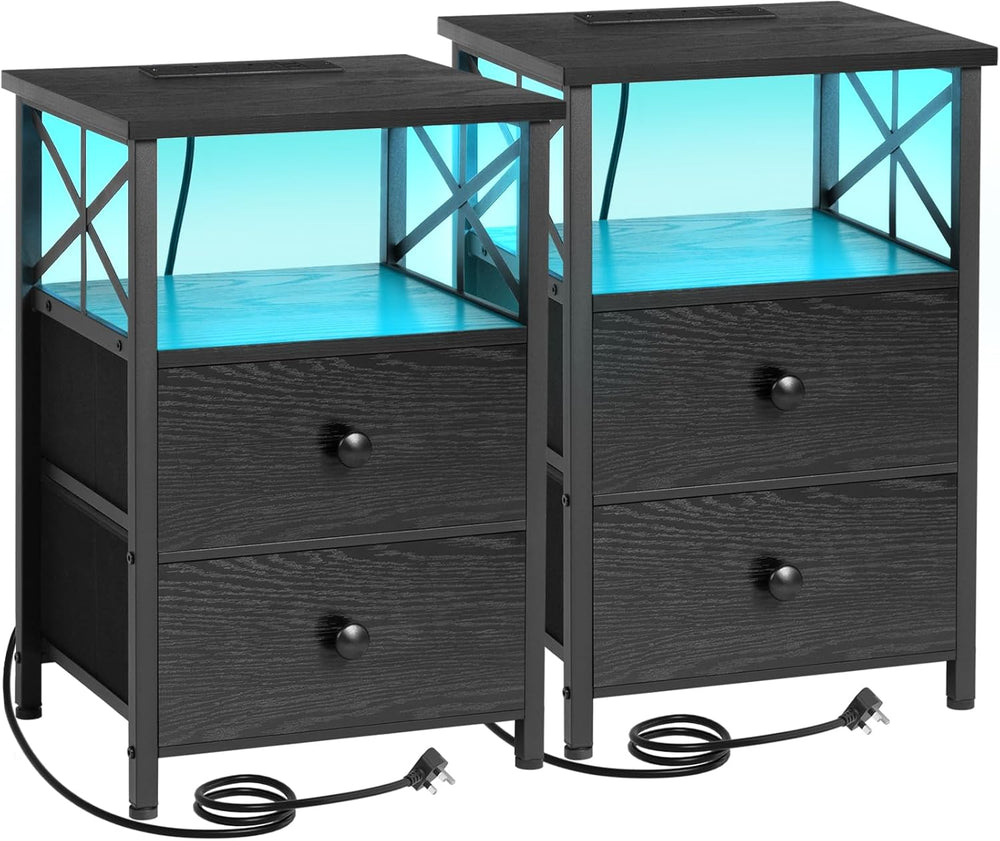 Bedside Table Side with Charging Station and LED (Set of 2)