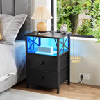 Bedside Table Side with Charging Station and LED (Set of 2)