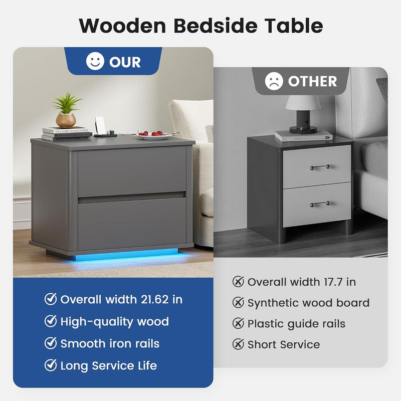 Bedside Table with 2 Drawers and LED Lights