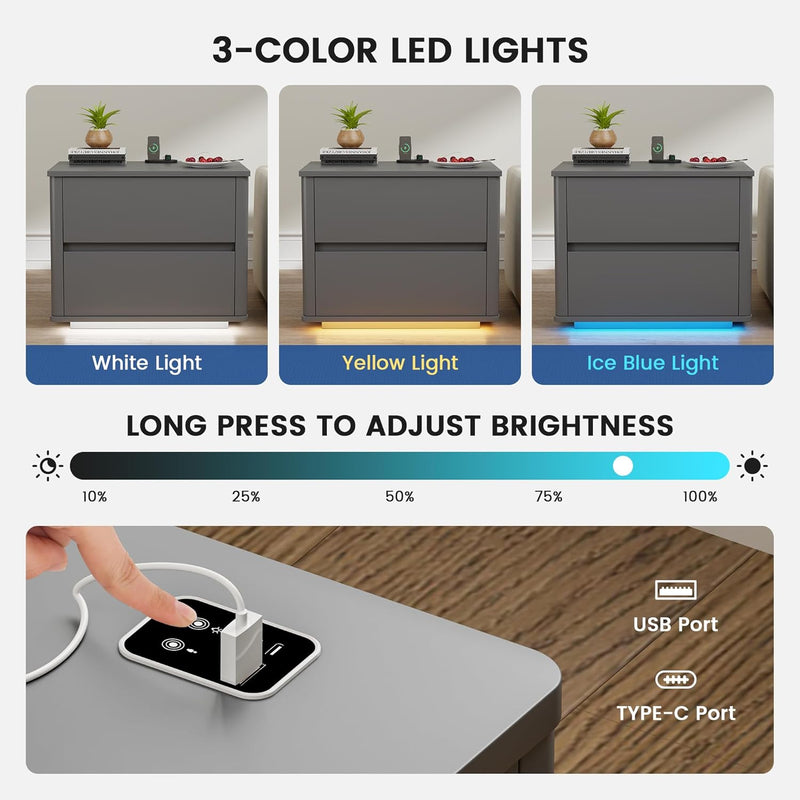 Bedside Table with 2 Drawers and LED Lights