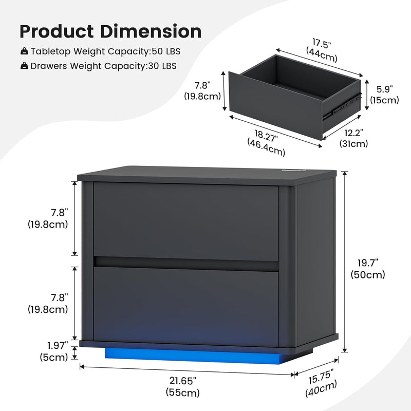 Bedside Table with 2 Drawers and LED Lights