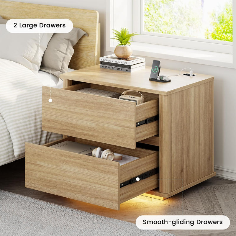 Bedside Table with 2 Drawers and LED Lights