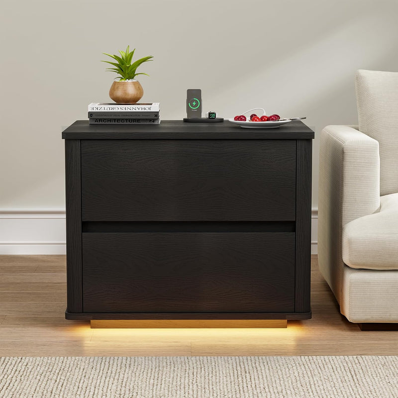 Bedside Table with 2 Drawers and LED Lights