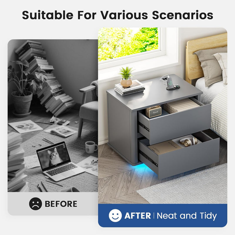 Bedside Table with 2 Drawers and LED Lights