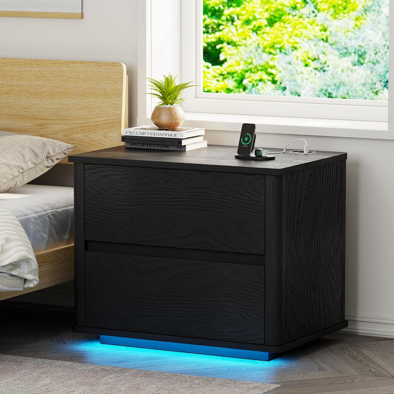 Bedside Table with 2 Drawers and LED Lights