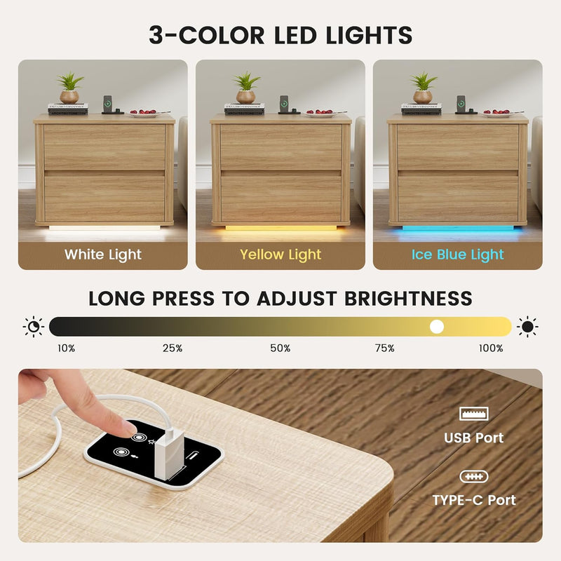 Bedside Table with 2 Drawers and LED Lights