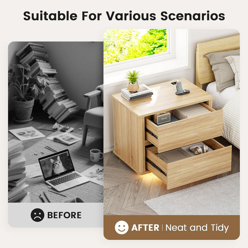 Bedside Table with 2 Drawers and LED Lights