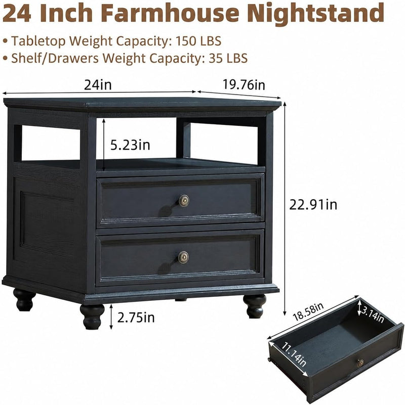 Bedside Table with 2 Drawers and Open Storage