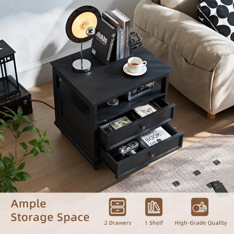 Bedside Table with 2 Drawers and Open Storage