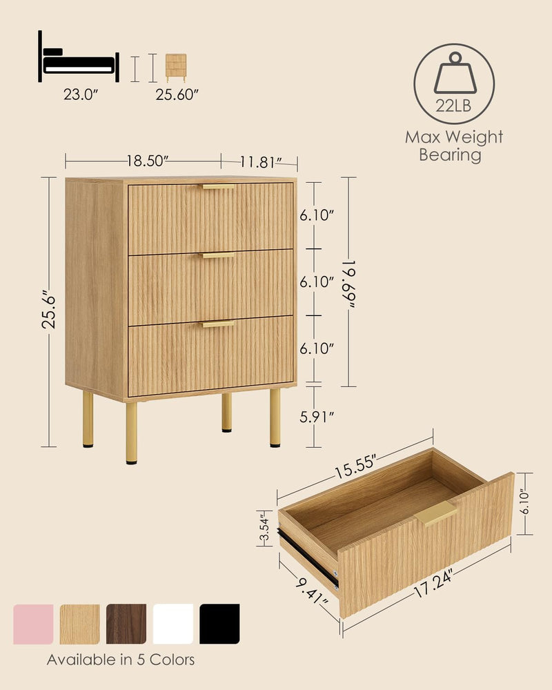 Bedside Table with 3 Drawers Modern Cabniet Metal