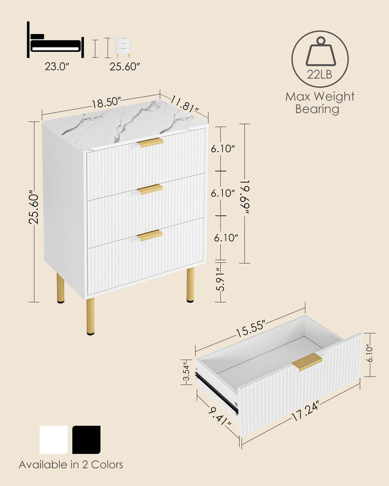 Bedside Table with 3 Drawers Modern Cabniet Metal
