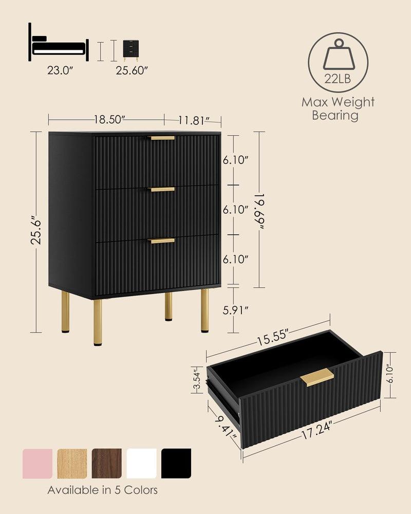 Bedside Table with 3 Drawers Modern Cabniet Metal