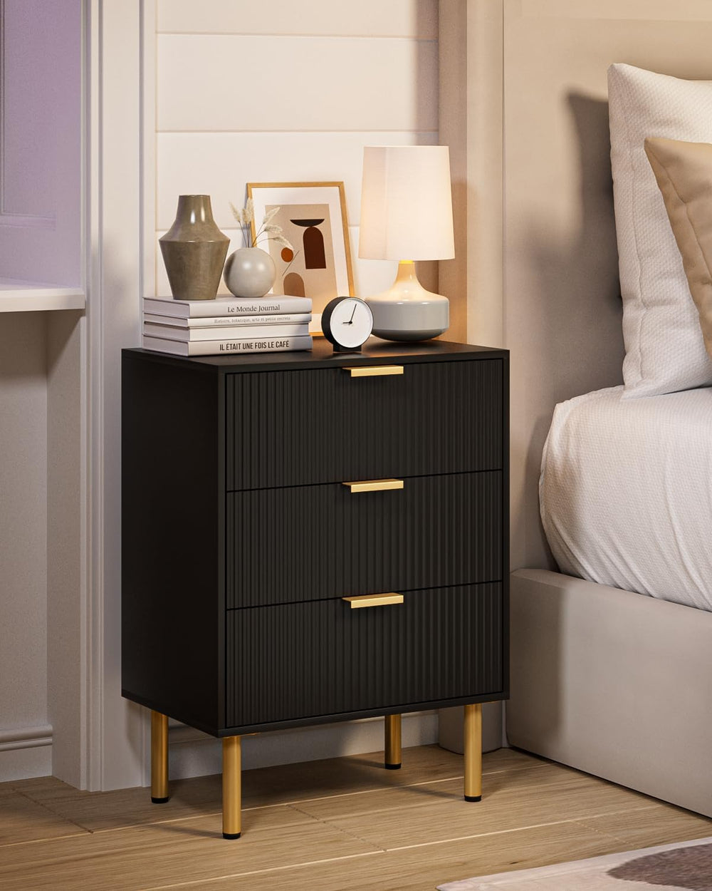 Bedside Table with 3 Drawers Modern Cabniet Metal