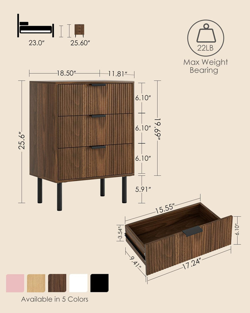 Bedside Table with 3 Drawers Modern Cabniet Metal