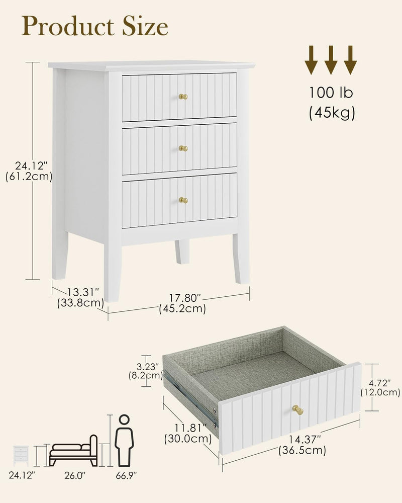 Bedside Table with 3 Drawers Vintage Cabinet Wooden