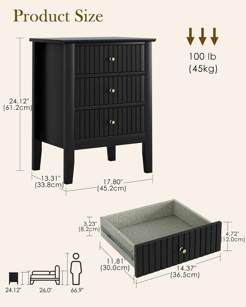 Bedside Table with 3 Drawers Vintage Cabinet Wooden