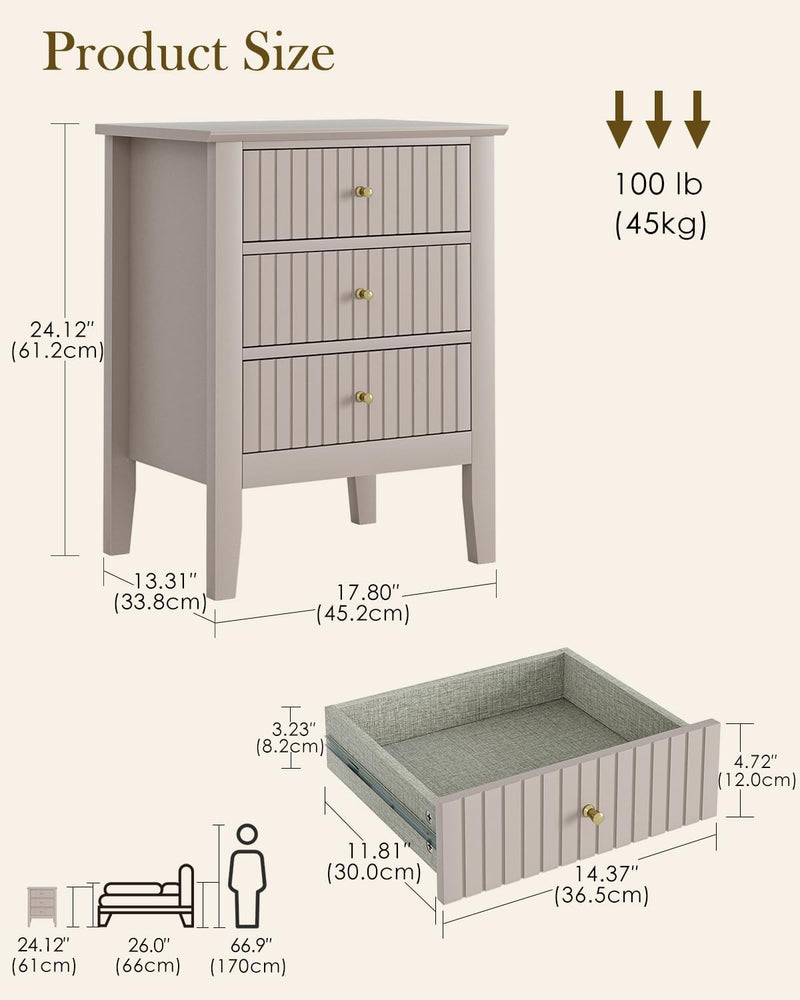 Bedside Table with 3 Drawers Vintage Cabinet Wooden