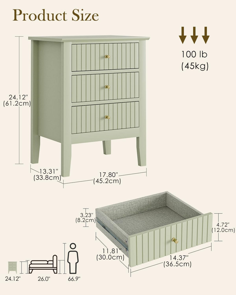 Bedside Table with 3 Drawers Vintage Cabinet Wooden