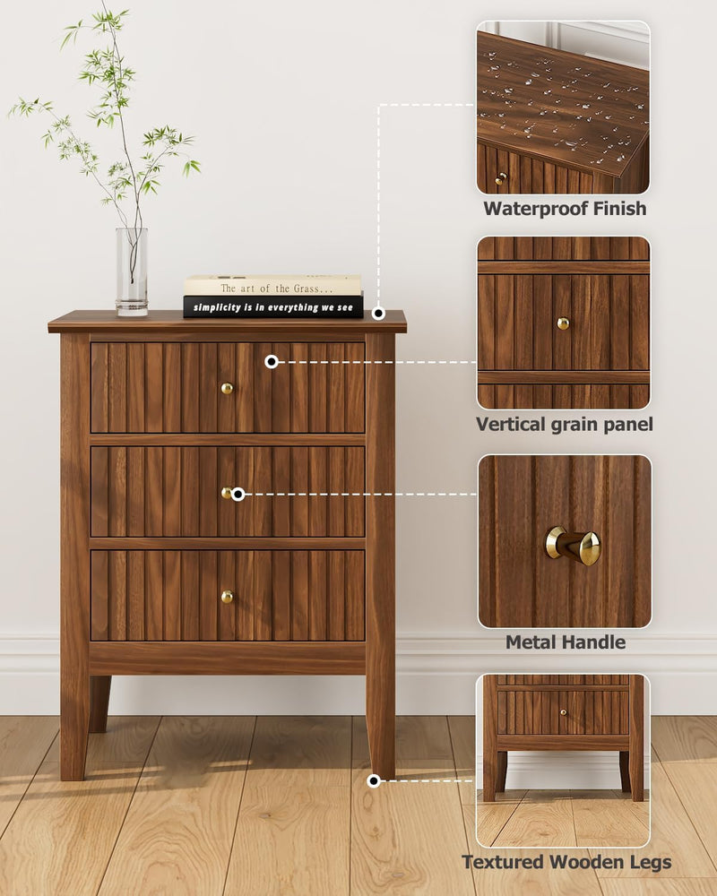 Bedside Table with 3 Drawers Vintage Cabinet Wooden