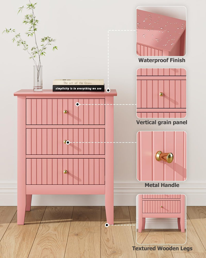 Bedside Table with 3 Drawers Vintage Cabinet Wooden