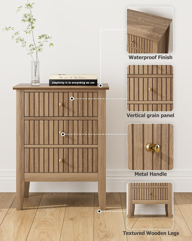 Bedside Table with 3 Drawers Vintage Cabinet Wooden