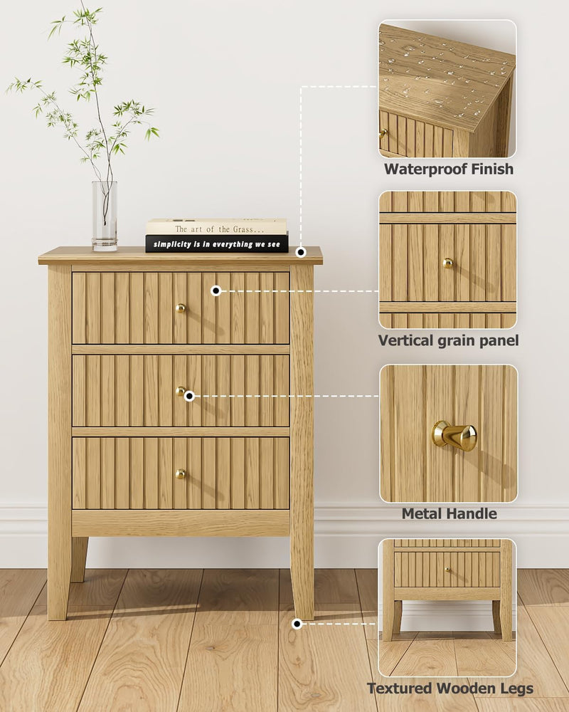 Bedside Table with 3 Drawers Vintage Cabinet Wooden