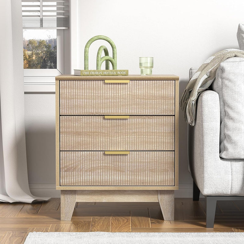 Bedside Table with 3 Drawers Wood Nigntstand