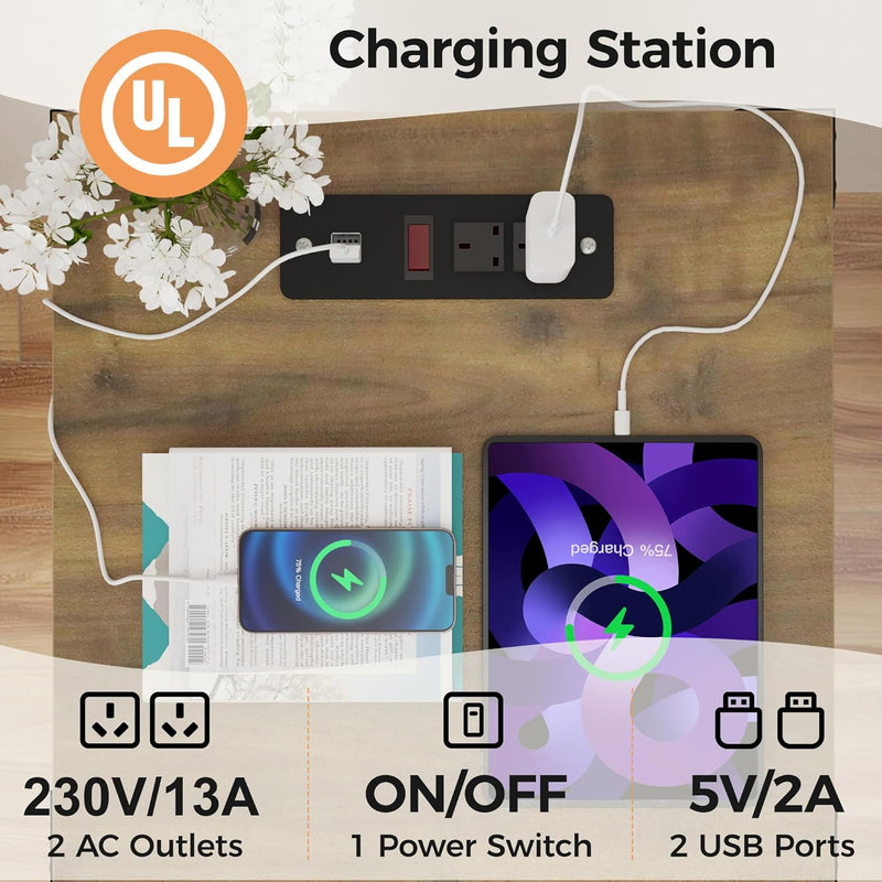 Bedside Table with Charging Station 2 Ac Outlets