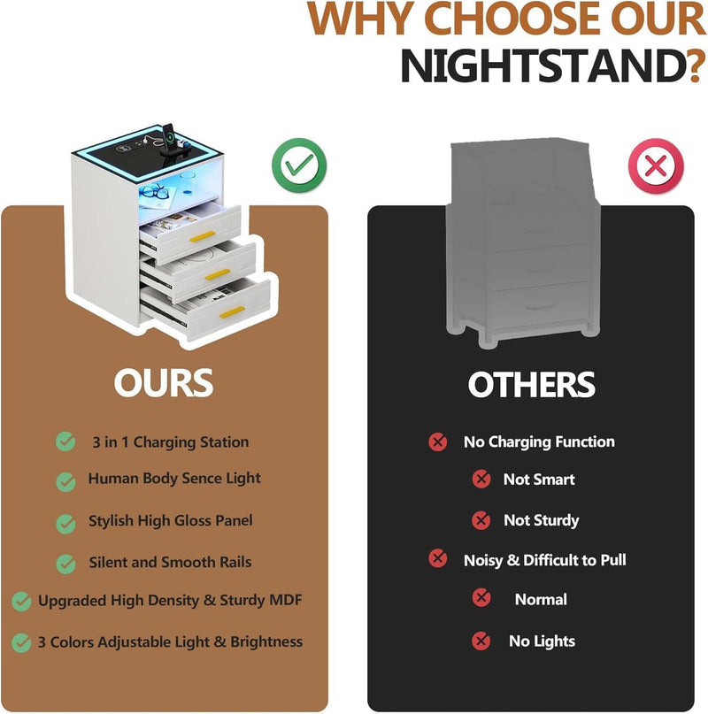 Bedside Table with Charging Station 3 Colour Dimmable