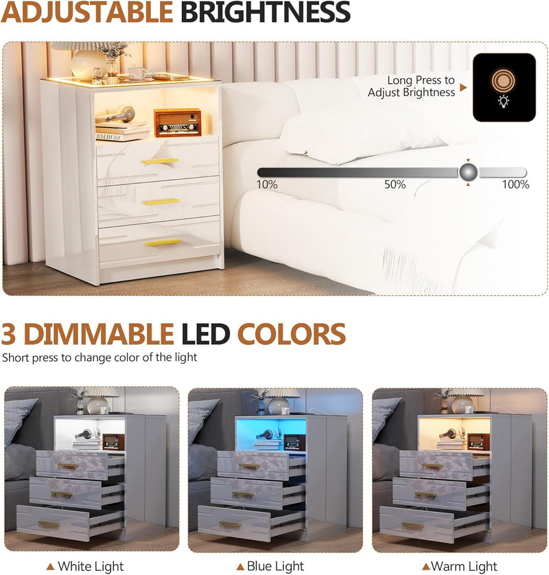Bedside Table with Charging Station 3 Colour Dimmable
