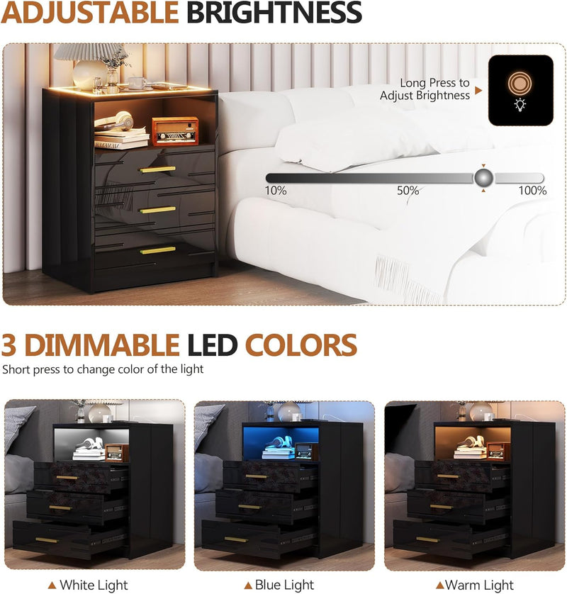 Bedside Table with Charging Station 3 Colour Dimmable