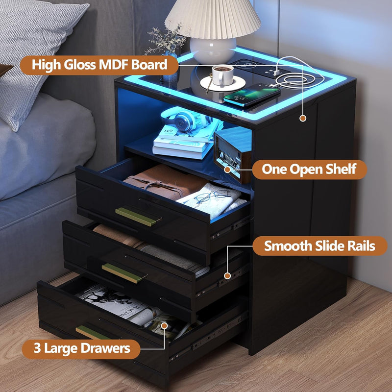 Bedside Table with Charging Station 3 Colour Dimmable