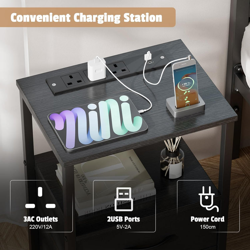 Bedside Table with Charging Station 40CM Wide Bed (Set of 2)