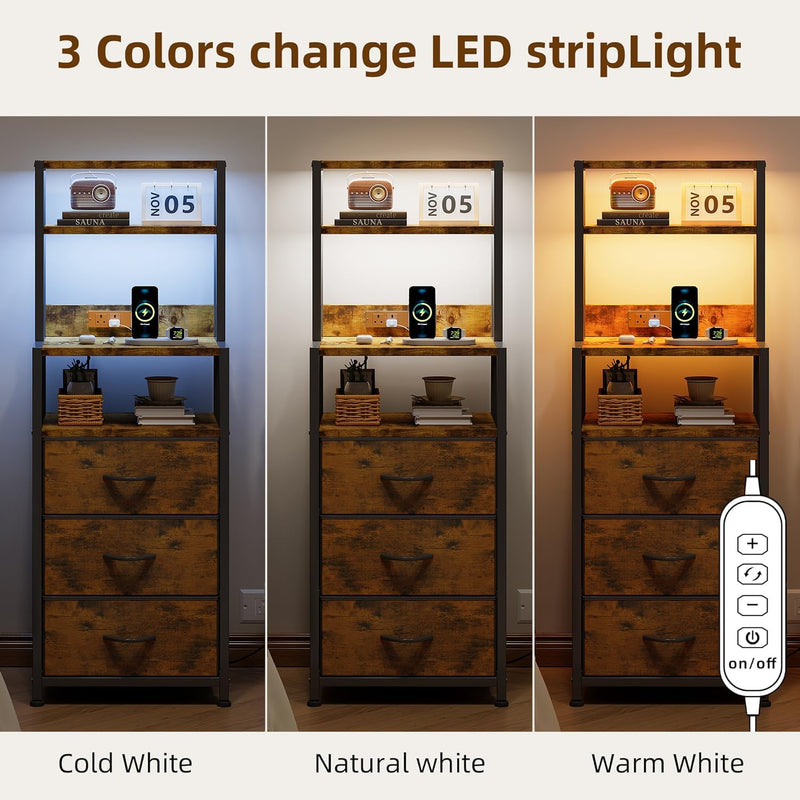 Bedside Table with Charging Station and LED