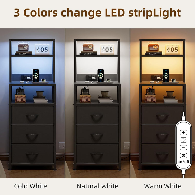 Bedside Table with Charging Station and LED