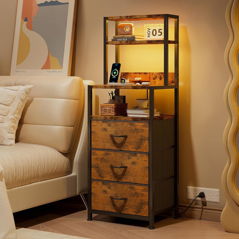 Bedside Table with Charging Station and LED