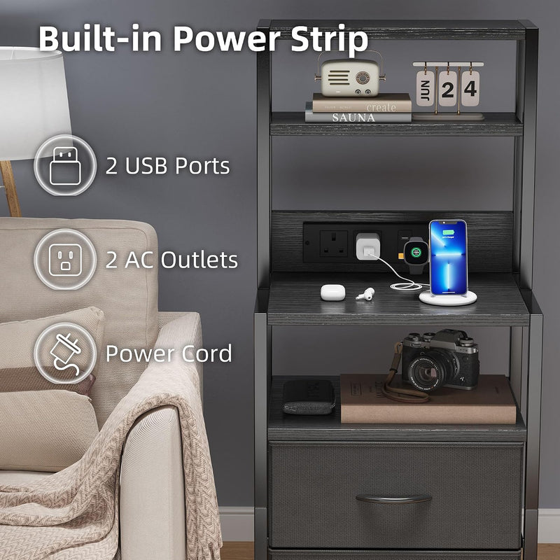 Bedside Table with Charging Station and LED Light