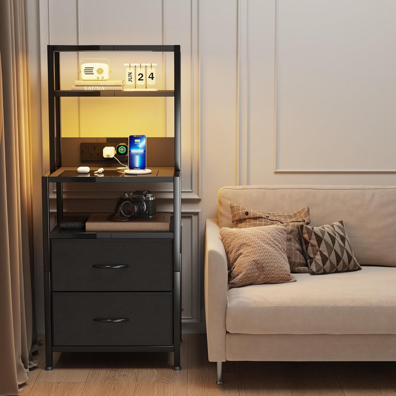 Bedside Table with Charging Station and LED Light