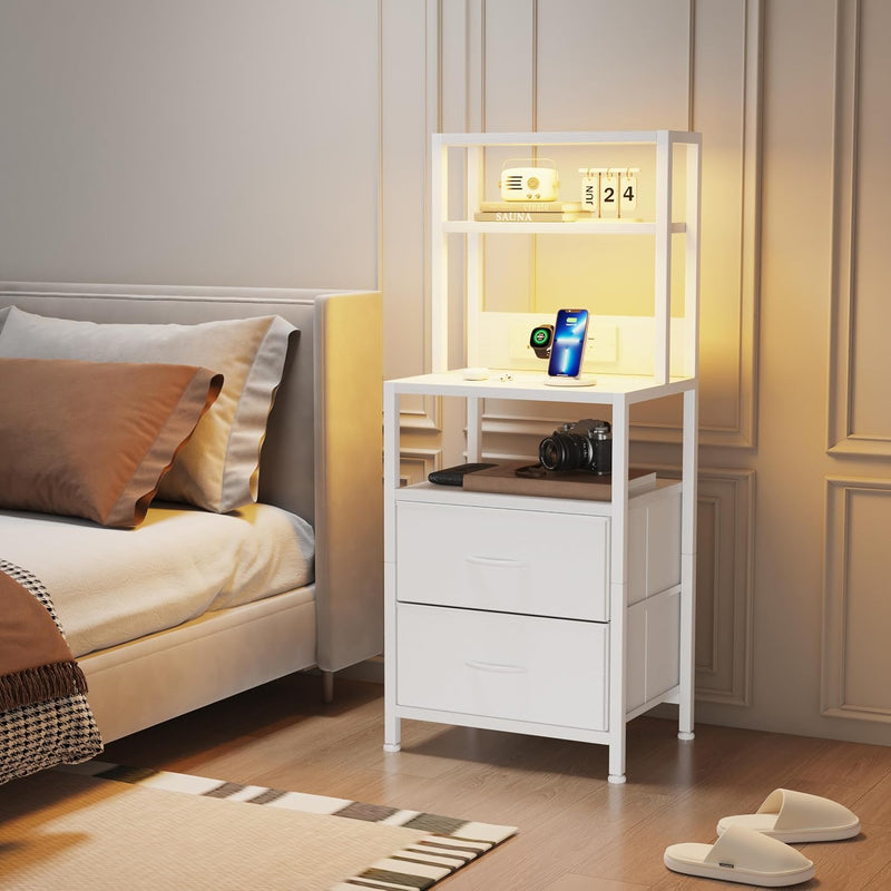 Bedside Table with Charging Station and LED Light