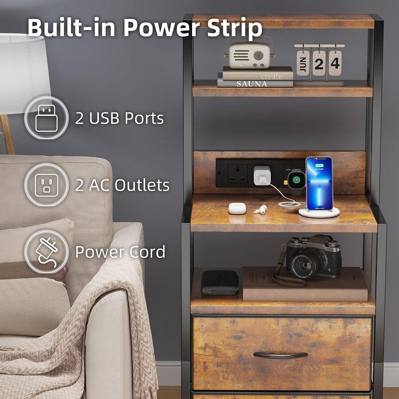 Bedside Table with Charging Station and LED Light