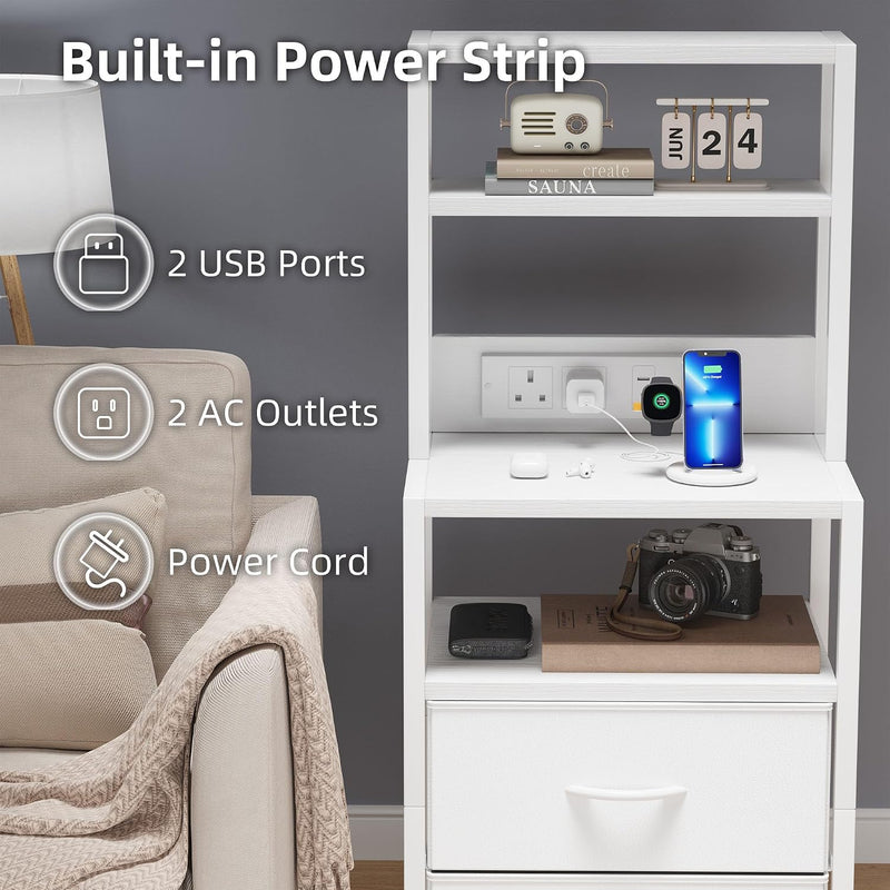 Bedside Table with Charging Station and LED Light
