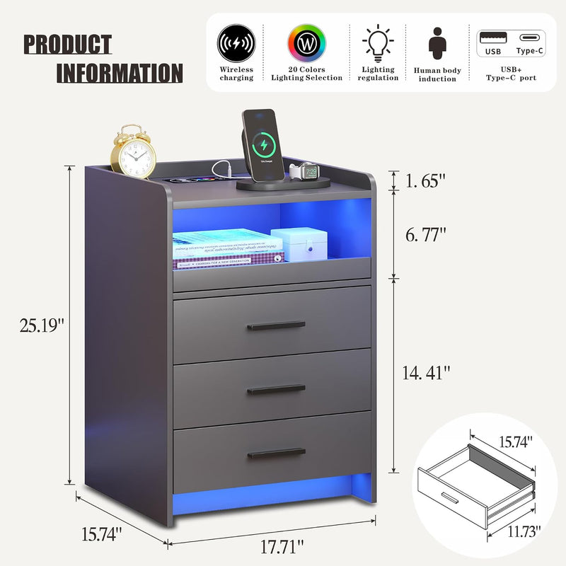 Bedside Table with Charging Station and LED Lights